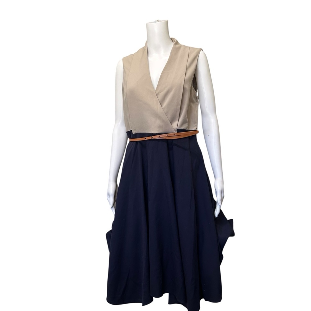 Calvin Klein Colorblock Fit & Flare Career Blue Beige Dress w/ Belt Size 10 - Picture 4 of 7